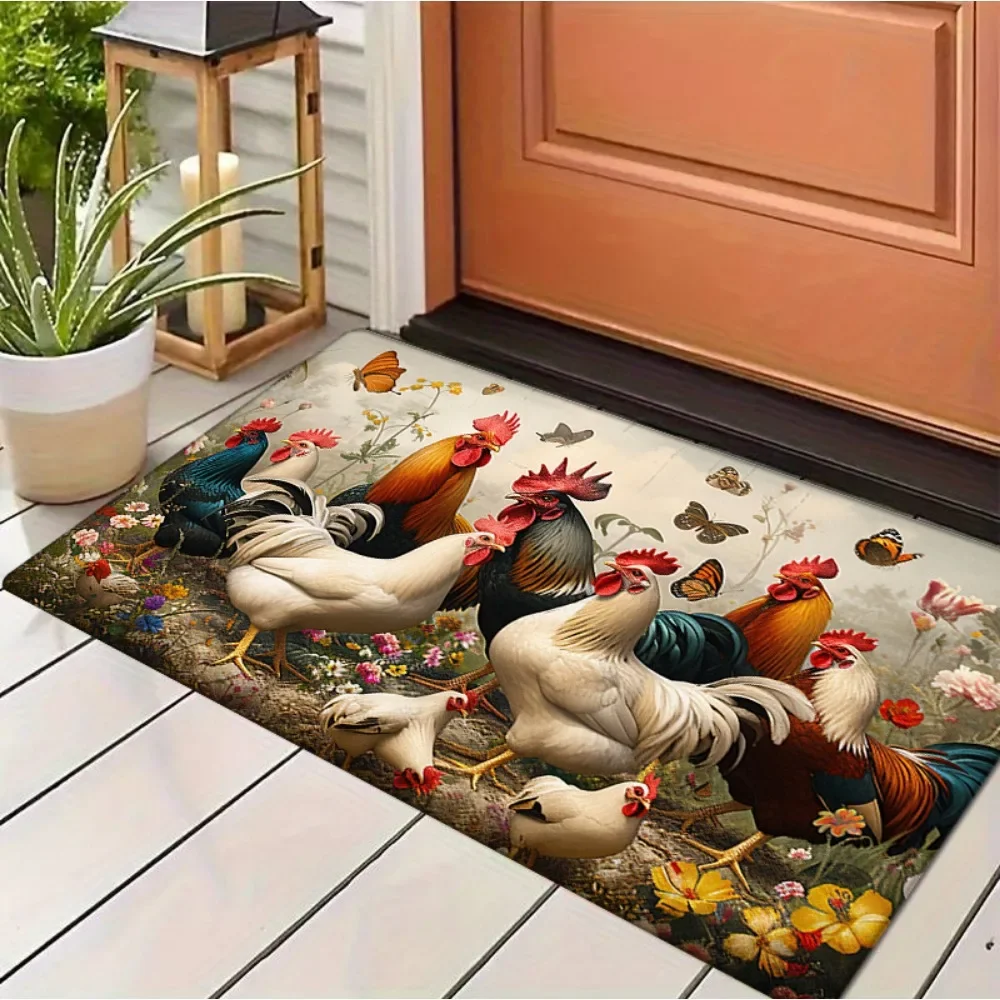 1 قطعة سجادة باب على شكل دجاج المزرعة، بوليستر غير قابل للانزلاق وقابل للغسل 100%، منسوج مسطح منخفض الكومة، مقاوم للبهتان، مستطيل، ماشي #1