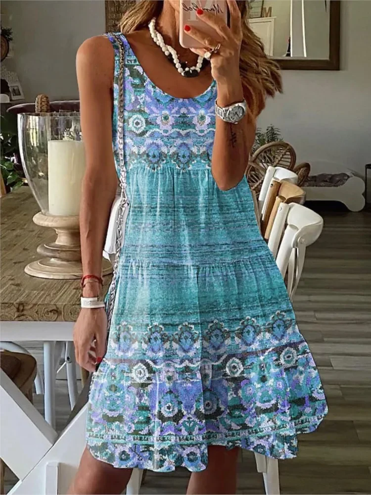 Nowa Letnia Sukienka Sundress Casual z Kwiatowym Nadrukiem Luźna Sukienka Bez Rękawów z Dekoltem O dla Kobiet Moda Boho Wakacyjna Sukienka Plażowa w Linii A