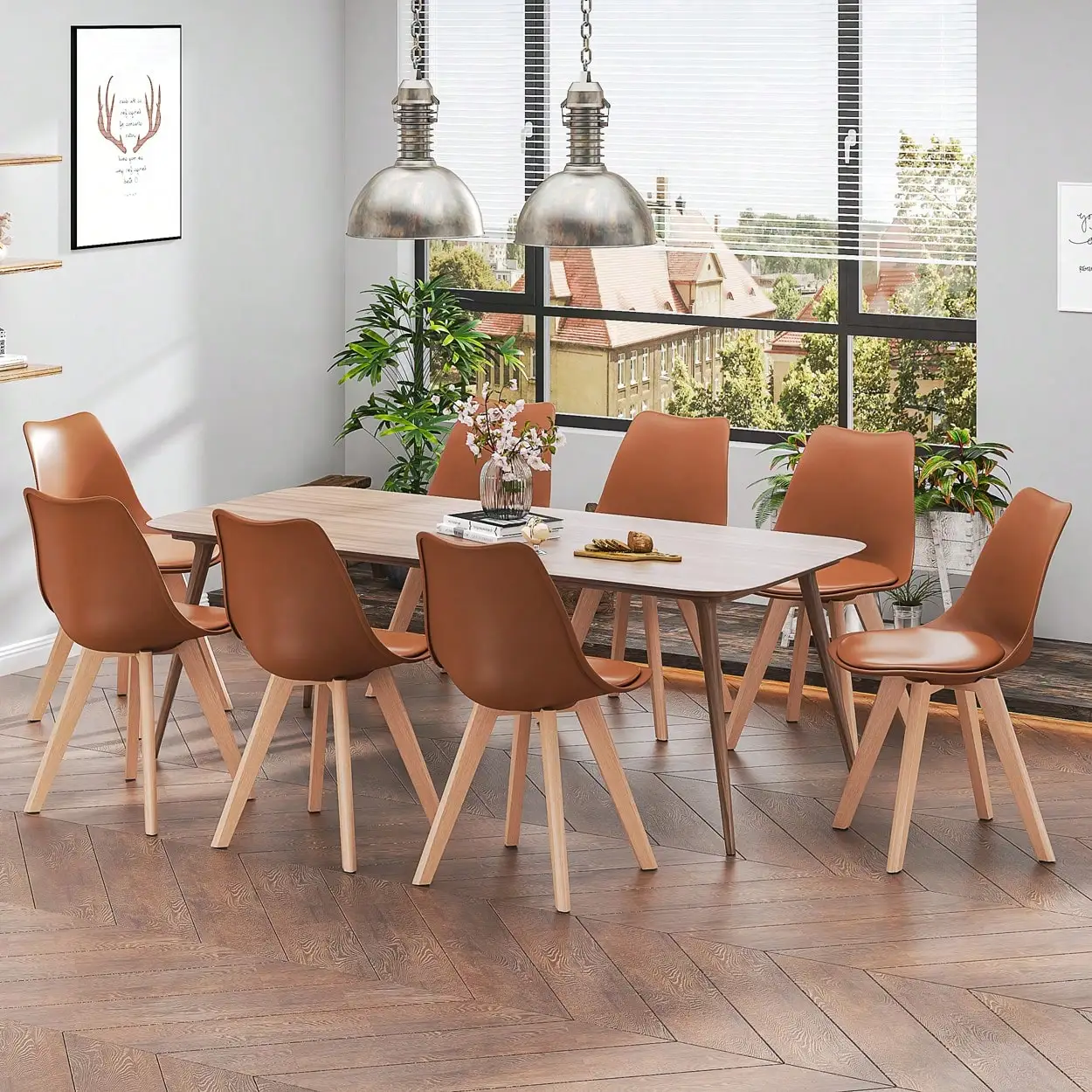 Dining Chair Set Of 4 With Wood Legs And PU Leather Cushion,Mid Century Modern DSW Chair, Shell Lounge Plastic Chair For Kitchen, Dining, Bedroom, Living Room Side ChairsDining Room Furniture