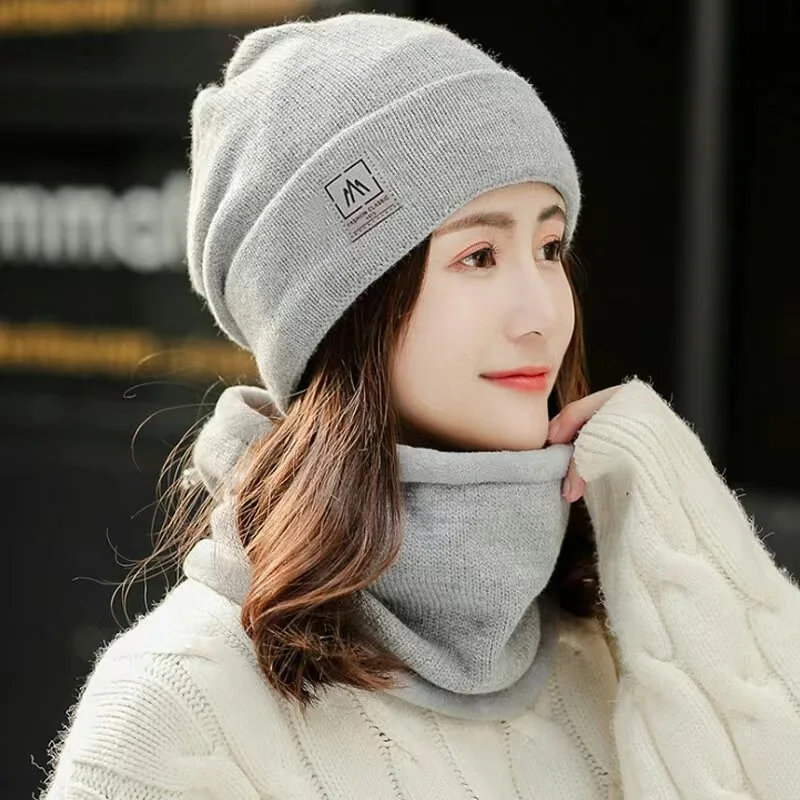2pcs/set Winter Scarf Hooded for Women Plush Neck Warm Russia Outdoor Ski Windproof Hat Thick Plush Fluffy Beanies Cycling Cap
