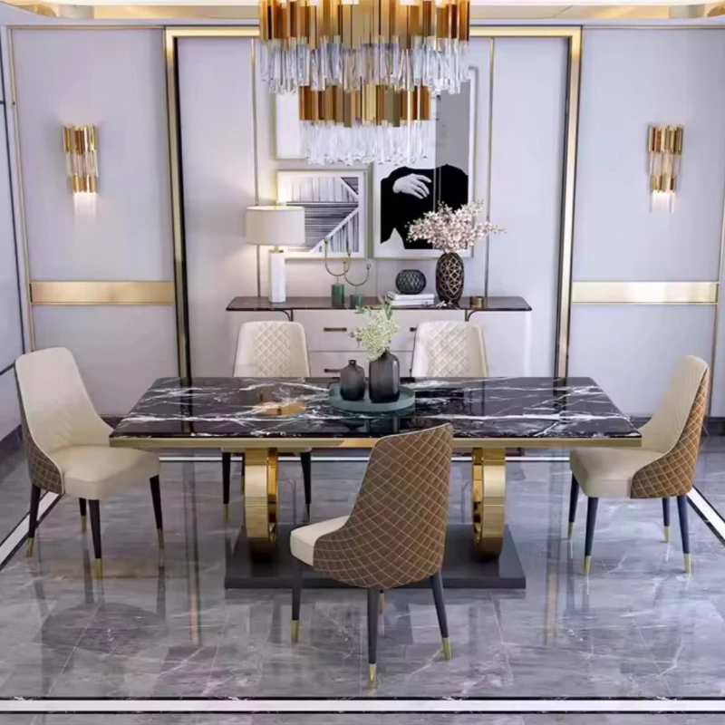 

Modern Luxury Marble Dining Table Set Burnt Stone Top Gold Stainless Steel Base Bar Restaurant Furniture