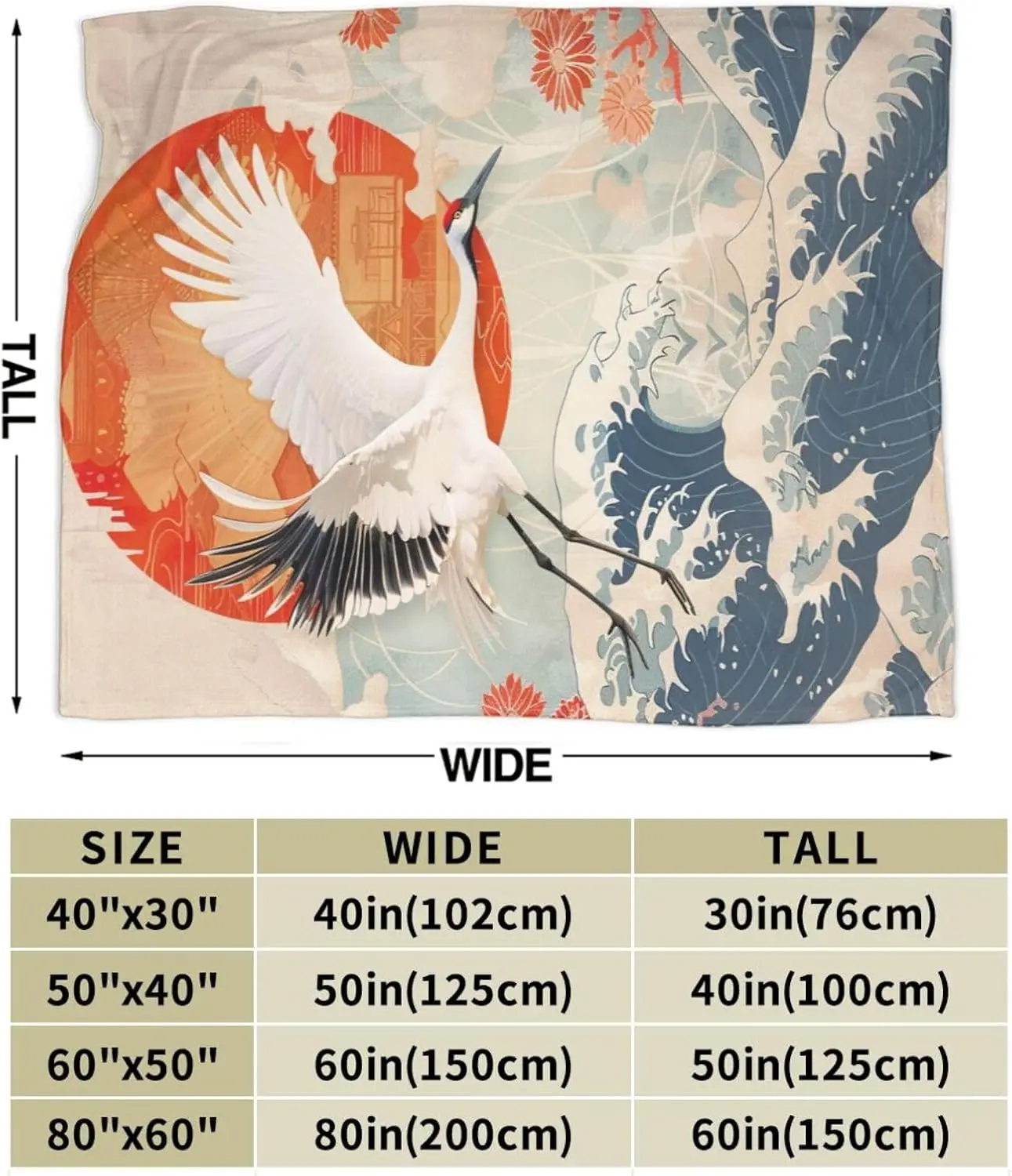 Japanese Crane Blanket Japanese Waves Throw Blanket Stuff Decor Merch Cozy Flannel Soft Warm Plush Lightweight Bedding Gifts