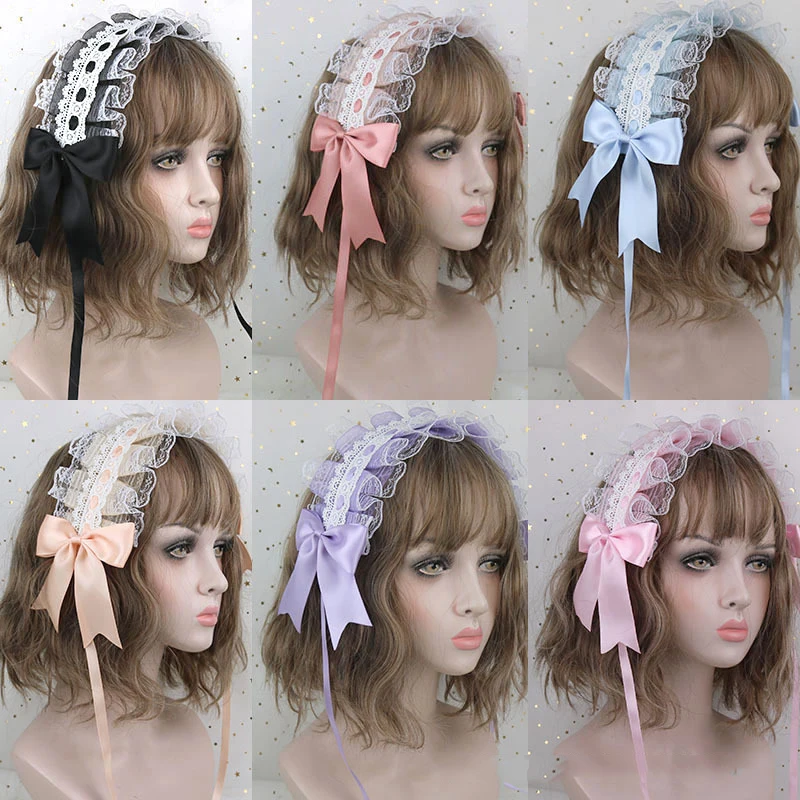 Japonês Lolita Lace Bow Headband, Ruffled Ribbon, Handmade Headdress, Sweet Girls Maid Cosplay, Anime Headwear, Acessórios de cabelo