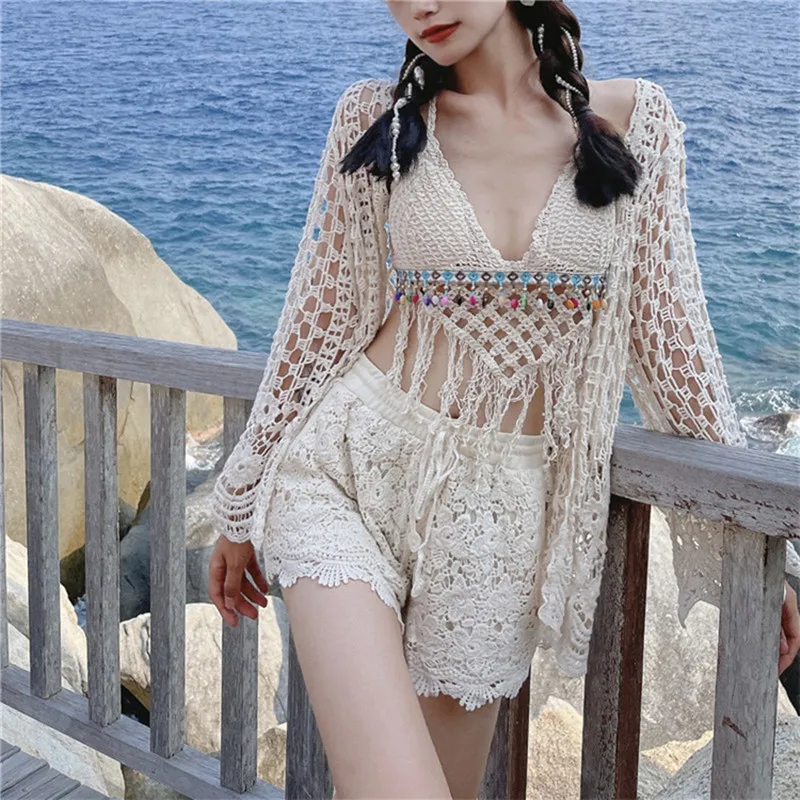 Set Women\'s Bohemian Ethnic Style Cool Style Hollow out Embroidery Knitting Leisure Holiday Beach Sun Protection Knit Tops