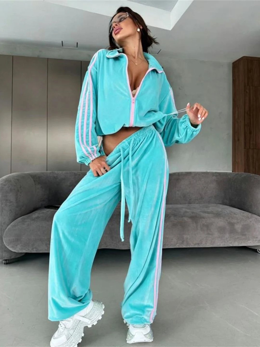 Velvet Zipper Jacket Pants Set Casual Sportswear Long Pants Women's Fashion Spring Autumn Winter Zip up Coat And Pants Set