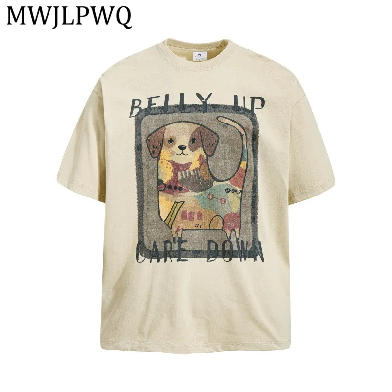 

MWJLPWQ Trendy Printed Short Sleeve T-Shirt For Men Casual Pure Cotton Tops Summer American Street Style Loose Fit Tee 16623