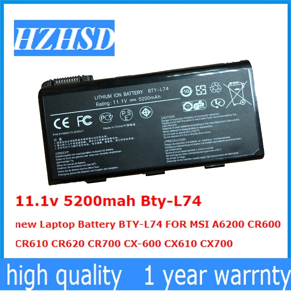 11.1v 5200mah Bty-L74新ノートパソコンのバッテリーBTY-L74 msi A6200 CR600 CR610 CR620 CR700 CX-600 CX610 CX700