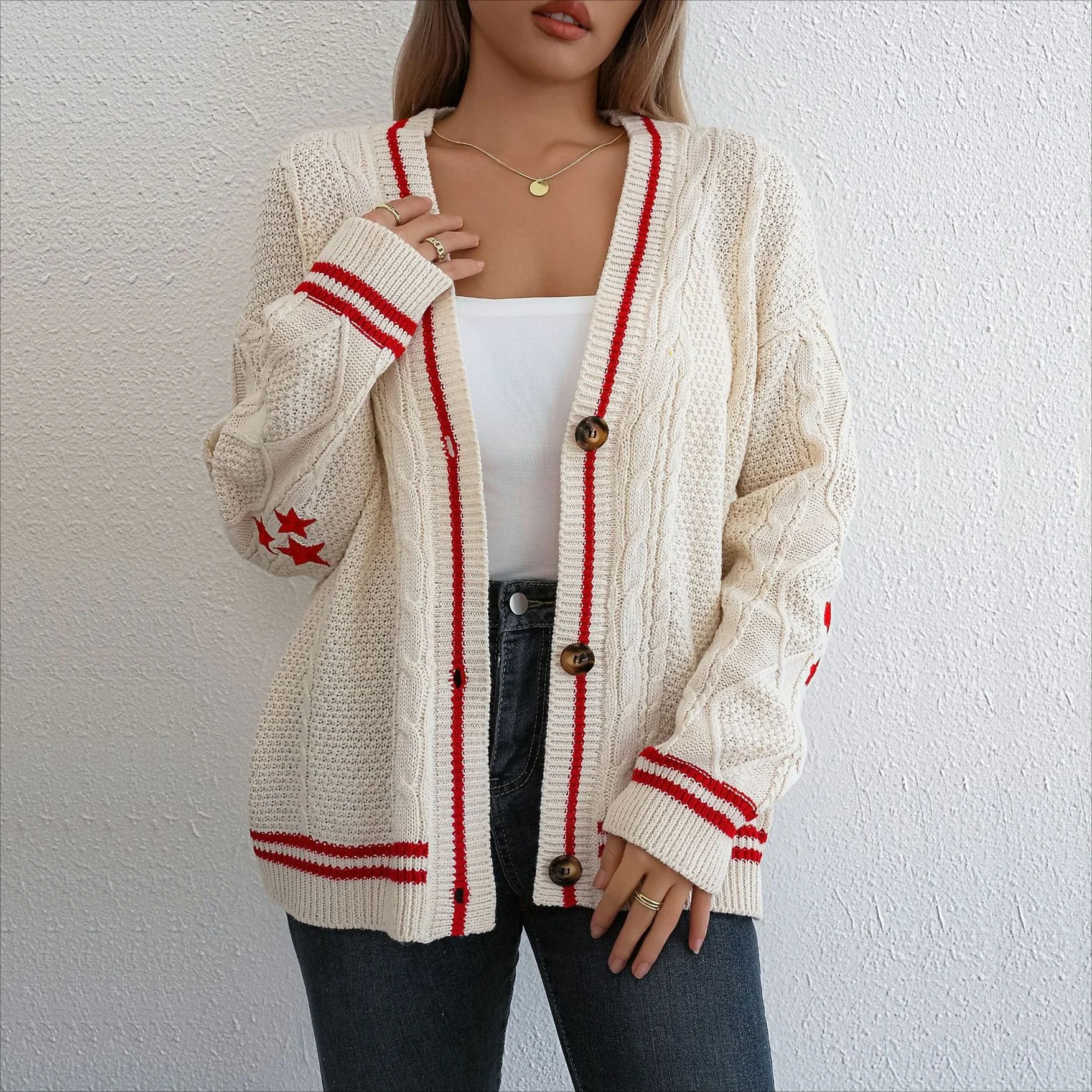 

autumn winter Star Embroidery jacket women long-sleeved single-breasted casual oversized sweater women's Knitted cardigan coats