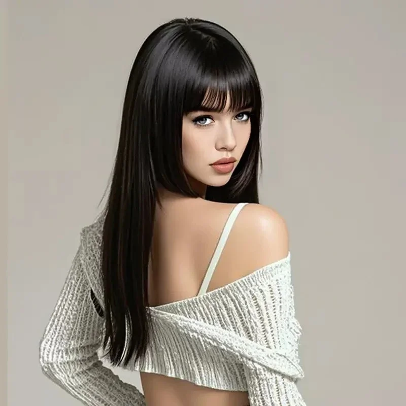 Peruka damska, długa, prosta, z prostą grzywką, do tańca, strój, akcesoria, styl Hime Cut, włosy długie i proste.