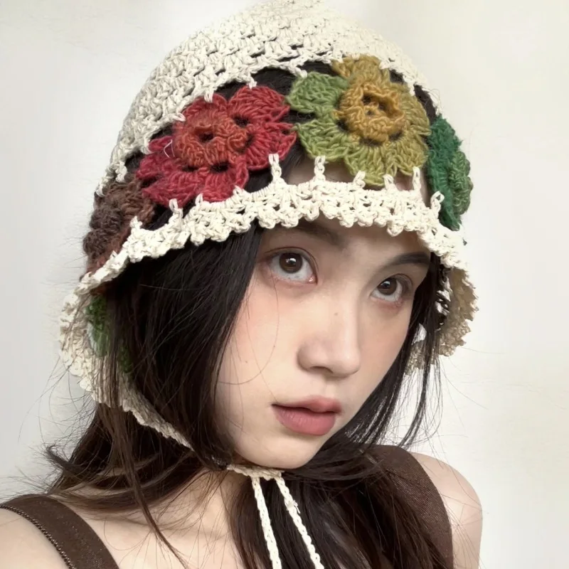 INS Women's Handmade Crochet Openwork Knit Bonnets Hats for Women Cute Sen Ethnic Hood Caps Vintage Fringed Girly Beanie Hat