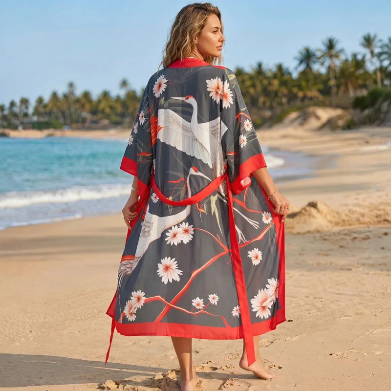 Women's Crane Print Beach Cover Up Upscale Rayon Breathable Lightweight Bikini Wrap Shawl Summer Vacation Beachwear Outdoor Sun
