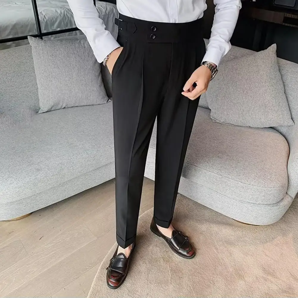 Men Solid Color Pants Classic Men\'s Office Trousers Slim Fit High Waist Vintage Pockets for Formal Business Style Men Pants