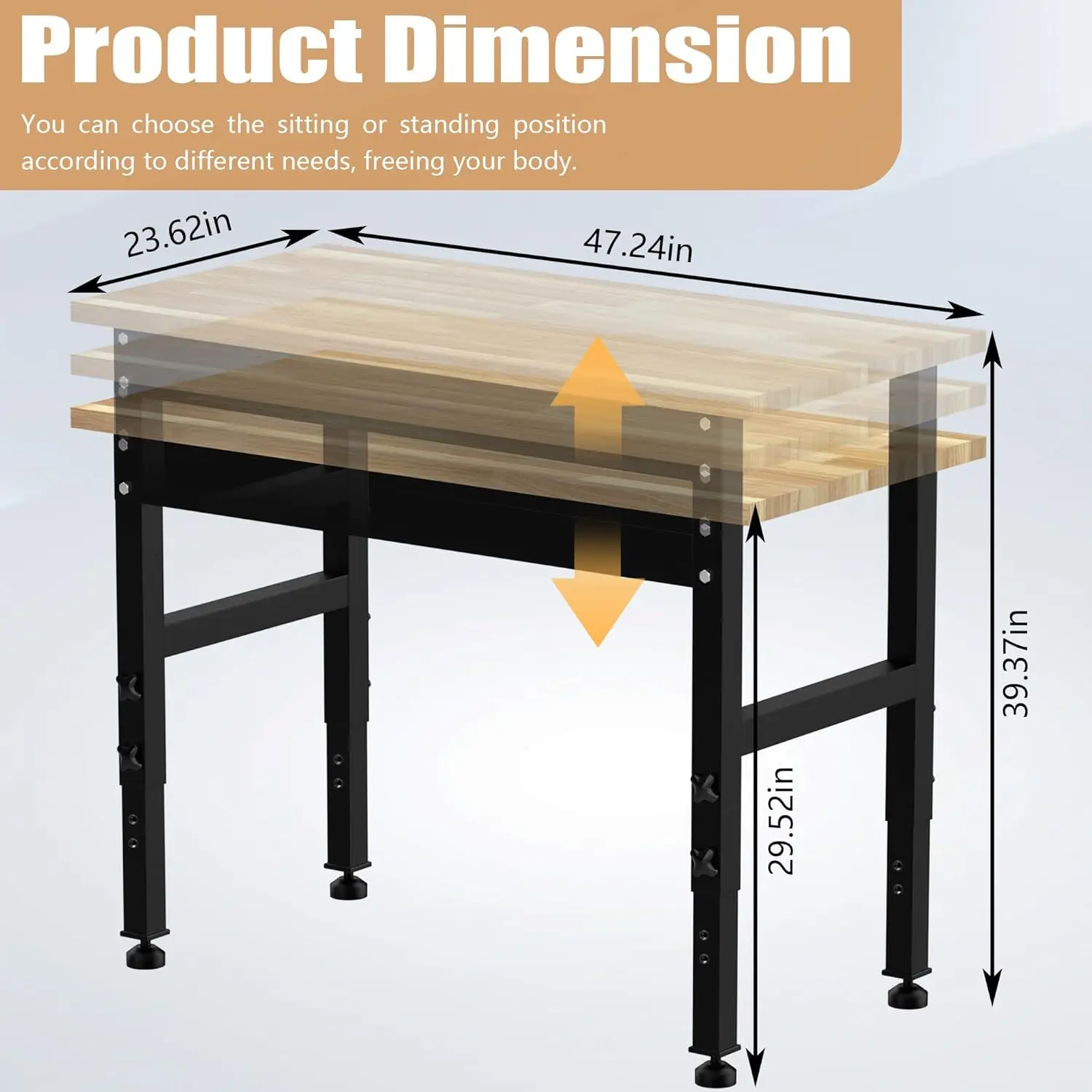 48" Adjustable Workbench, 2000LBS Rubber Wood Top Heavy-Duty Workstation, Suitable for Large Capacity Rubberwood Countertop Work