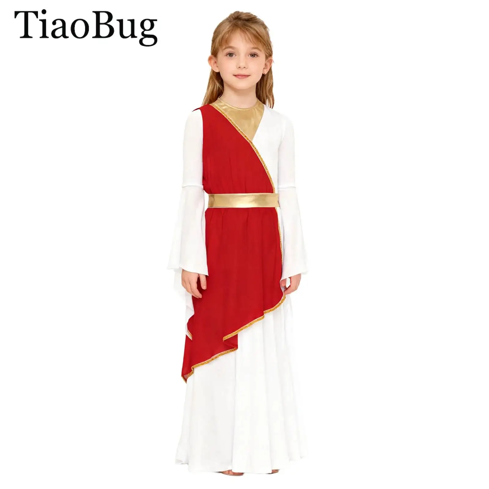 

Girls Ancient Greek Princess Dress Cosplay Athena Costume Bell Long Sleeve Wrap Maxi Toga Gown Halloween Carnival Fancy Dress Up