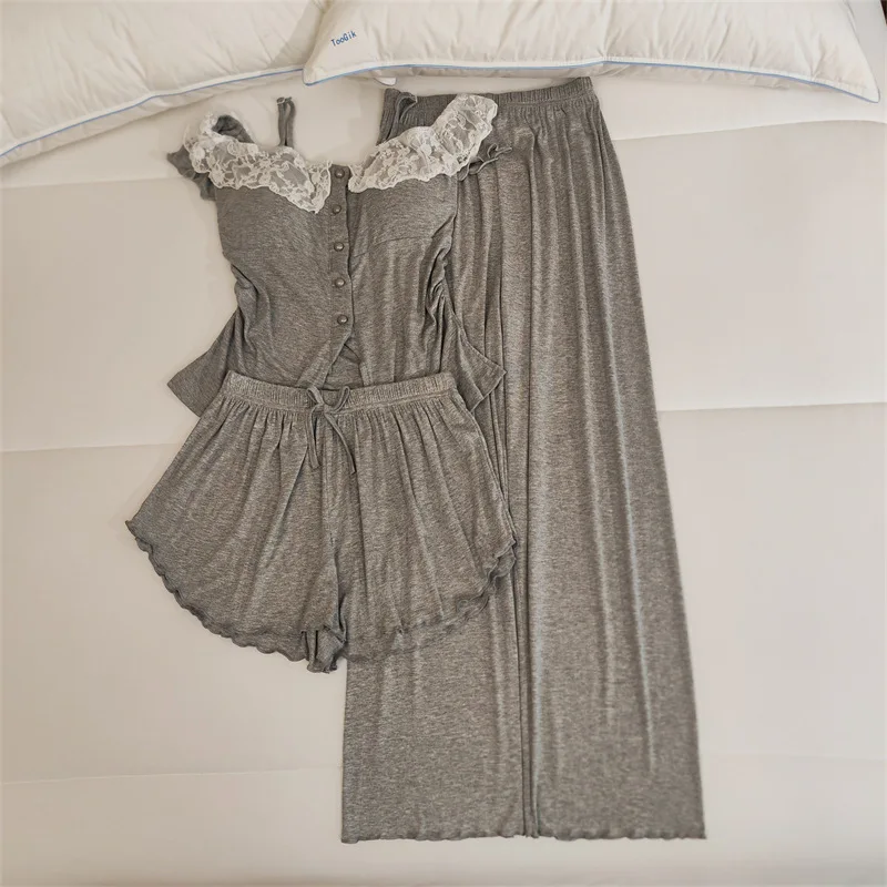 Elegant Ladies Three Pieces Set Korean Lace Modal Short Sleeve Sleepwear Clothes Chest Pad Home Wear Pajamas For Women Suit