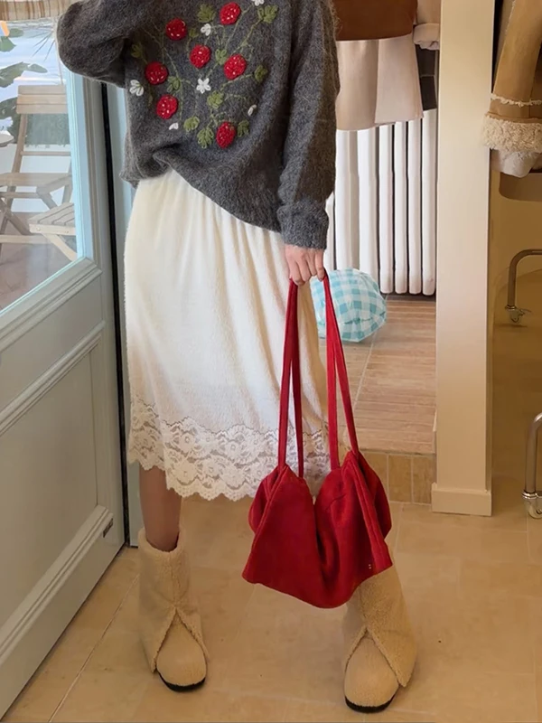 

Spring 2026 New Soft Knitted Lace Trim Midi Skirt Elegant Straight Cut Half-length City Commute Daily Occasion Nylon Spandex