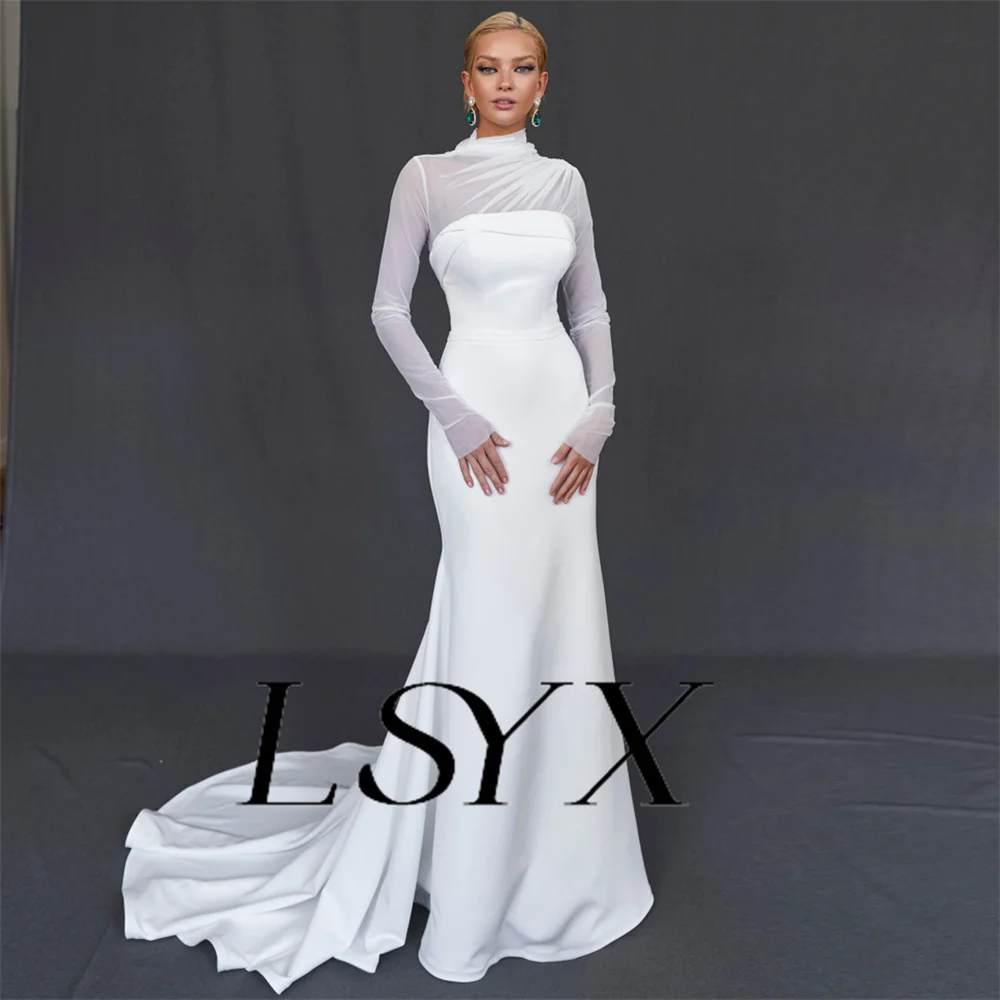 LSYX High Neck Long Sleeves Pleats Crepe Mermaid Wedding Dress For Women Illusion Zipper Back Court Train Bridal Gown