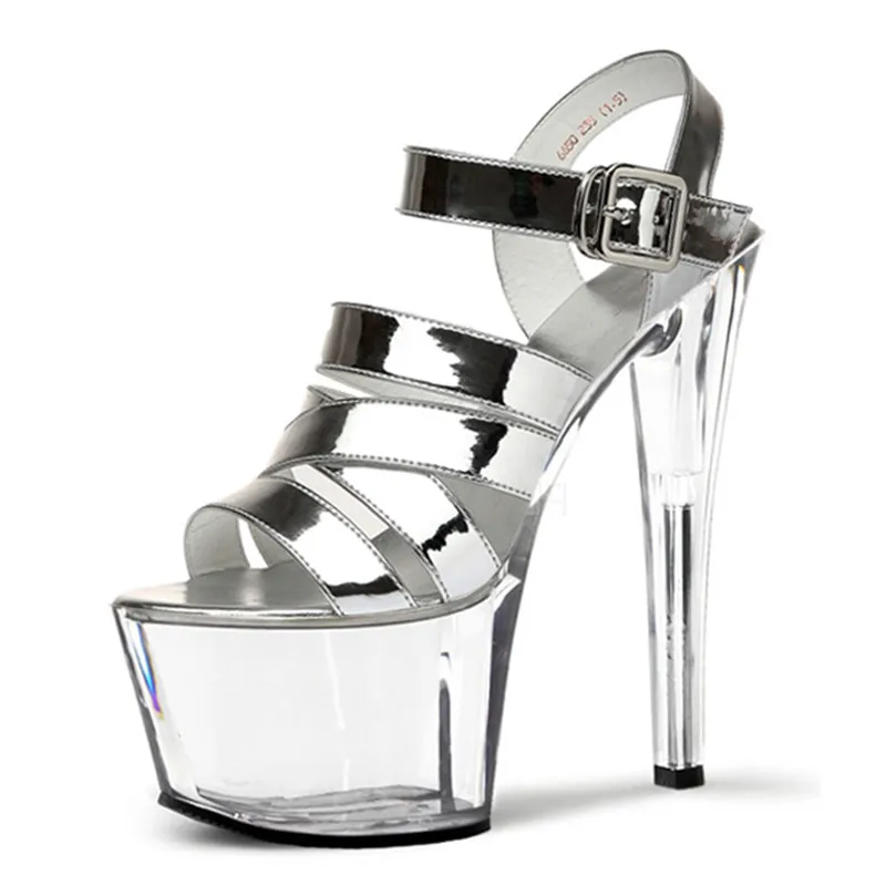 

Золотые и серебряные сандалии на очень высоком каблуке, прозрачные босоножки с кристаллами 17 см, модельные сандалии для выступлений для банкетов и танцев на пилоне