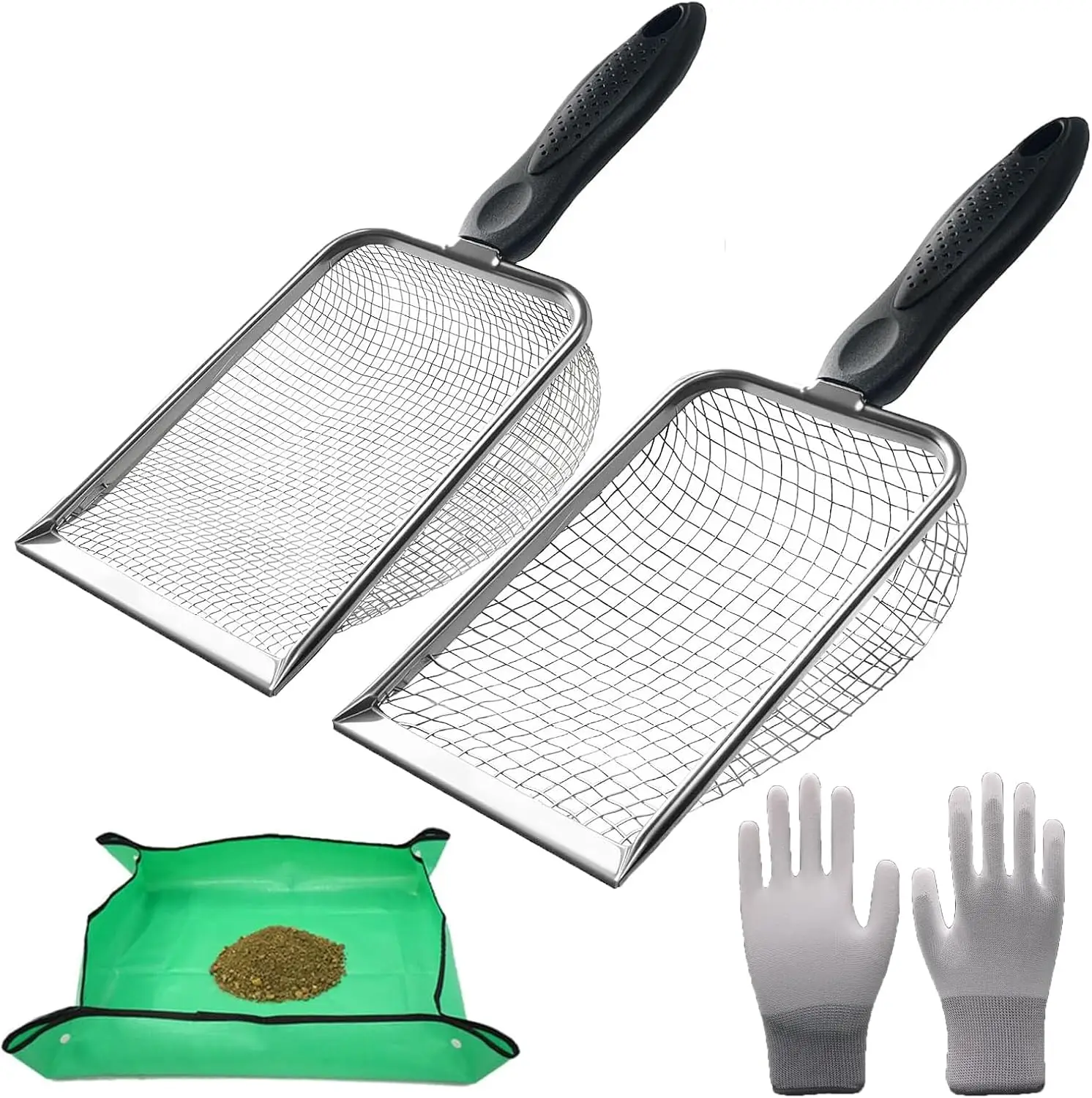 

Набор из 2 предметов для садового сита для почвы с сеткой 3,8/5 мм, ситом из нержавеющей стали и скальным ситом, включает в себя перчатки и коврик для репок