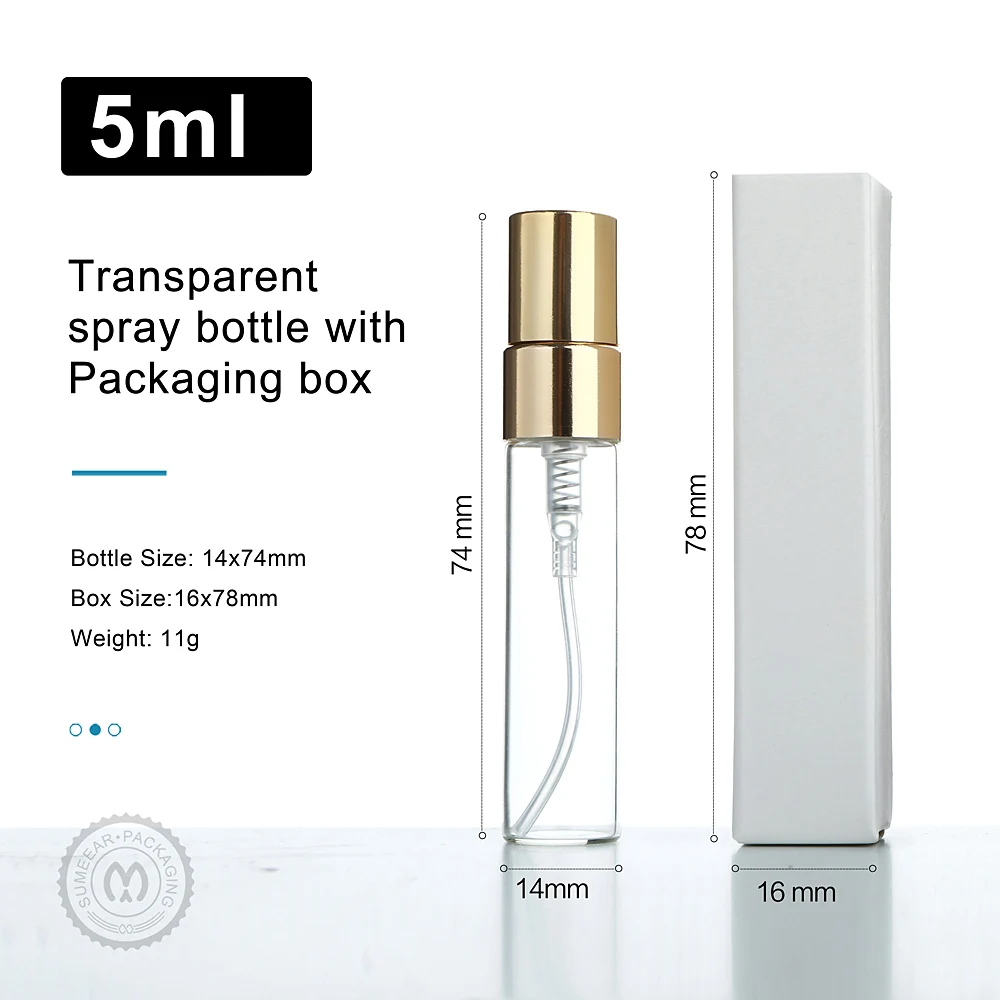 50 PCS / 100 PCS per Lot, 5ml Transparent Glass Spray Bottles for Perfume Dispensing. Refillable Bottles with Boxes.