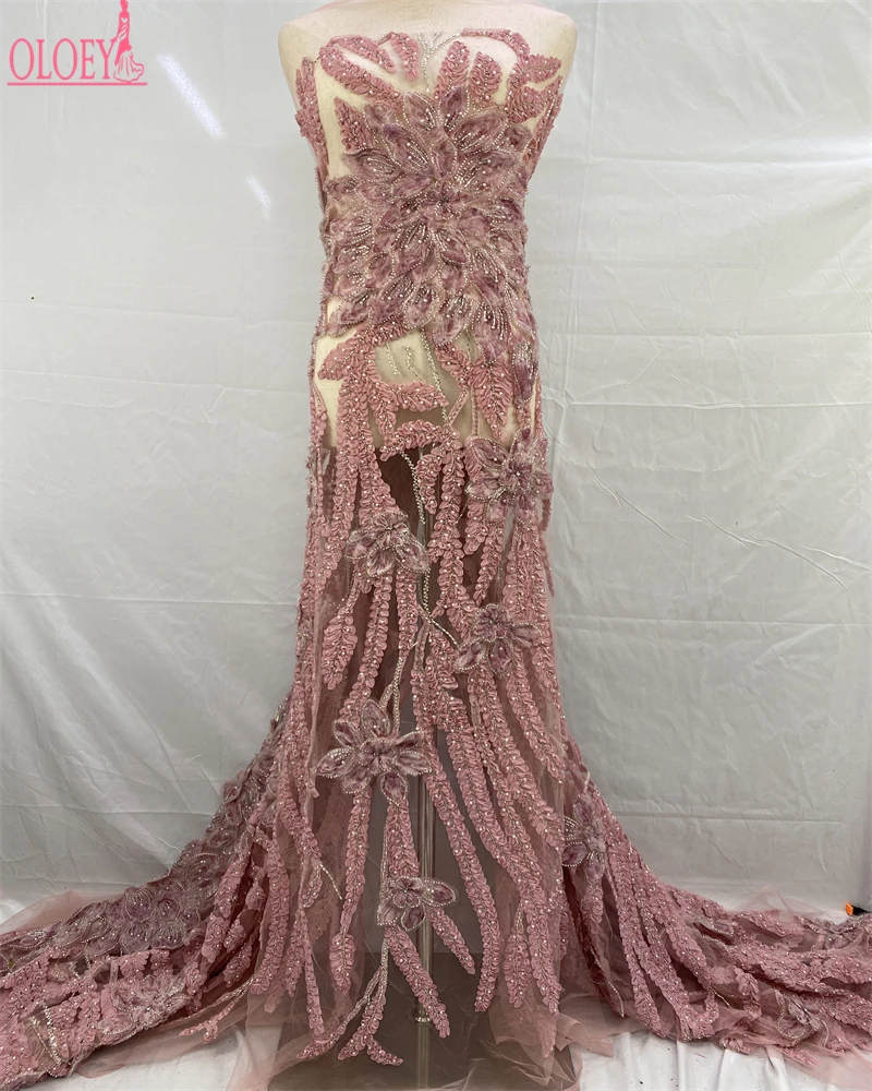 OLOEY-tela de encaje de tul francés africano de lujo, tela de encaje de lentejuelas nigerianas con cuentas de alta calidad para vestido de novia