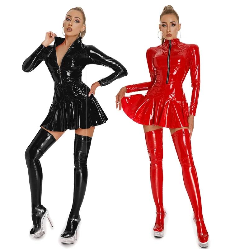 

Women Long Sleeve Latex Hollow Zipper Stand Up Collar A-Line Mini Pleated Skirt Dresses PVC Leather Tight Bodycon Mini Dress