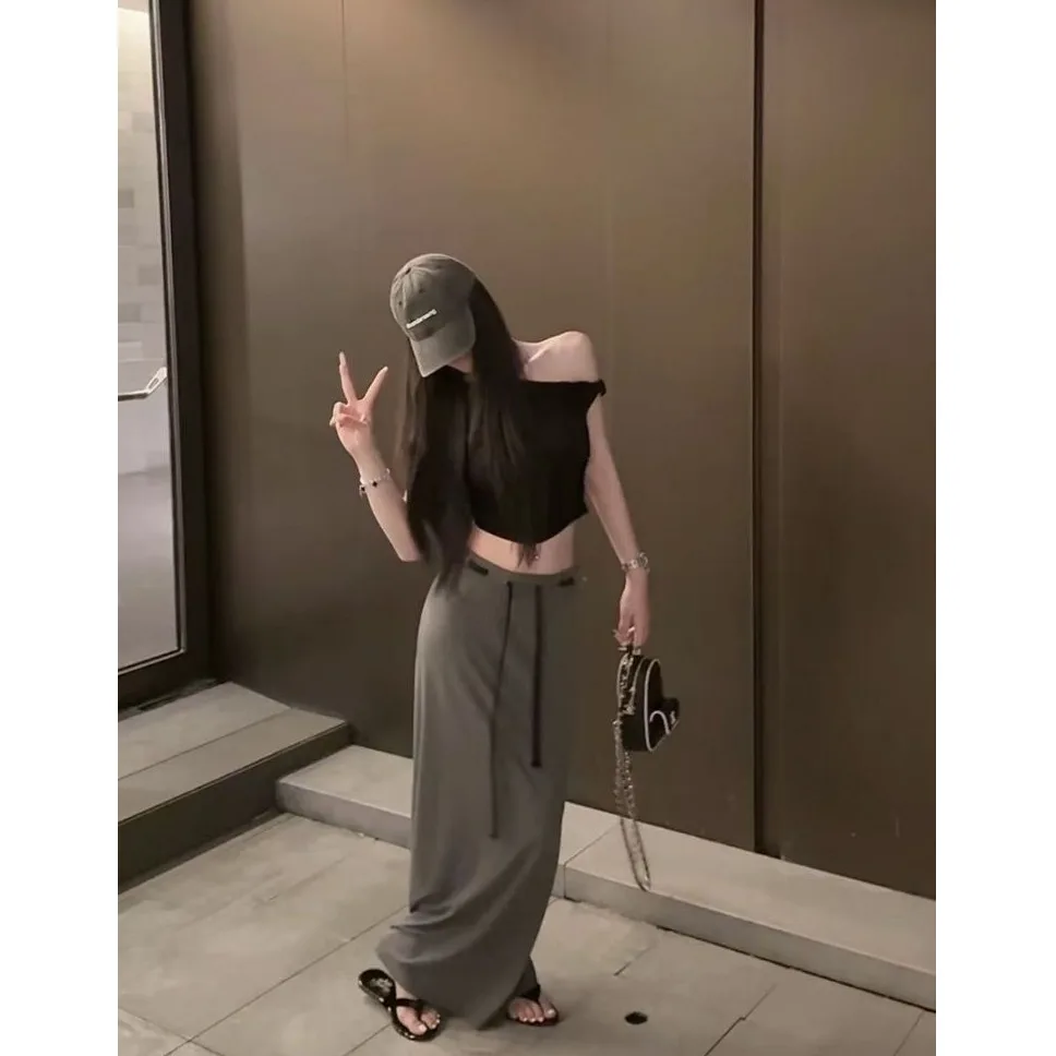 Faionable Gonna a vita alta al ginocchio per donna Primavera Estate Nuova gonna dimagrante Sle coreana Sle Dstring