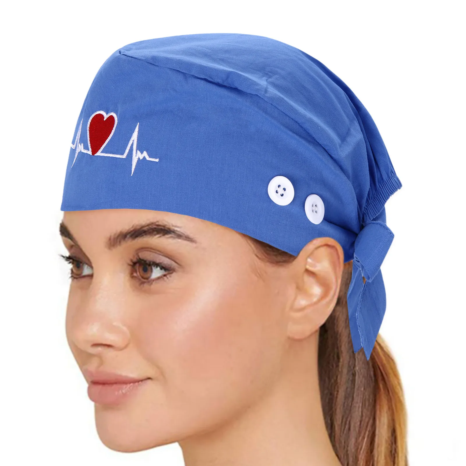 Nurse Hair Cap Uniform Accessories Scrubs Cap With Sweatband Women Adjustable Heartbeart Print Nursing Scrubs Nurse Uniforms Cap