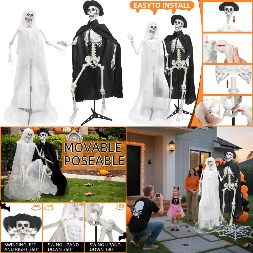

Life-Size Halloween Skeleton Bride and Groom Decor with Stand, Full Body Plastic Bones for Spooky Season Display