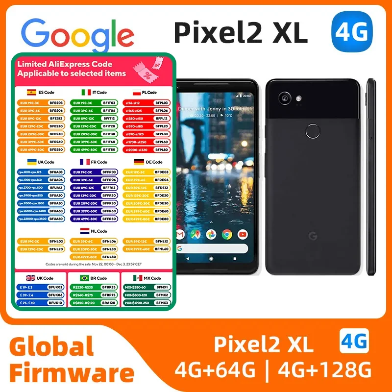 Google Pixel 2 XL 4G bands 4GB RAM 64GB/128GB ROM 3520mAh 12MP NFC Fingerprint Smartphone Cell Phone Original Unlocked 99% New