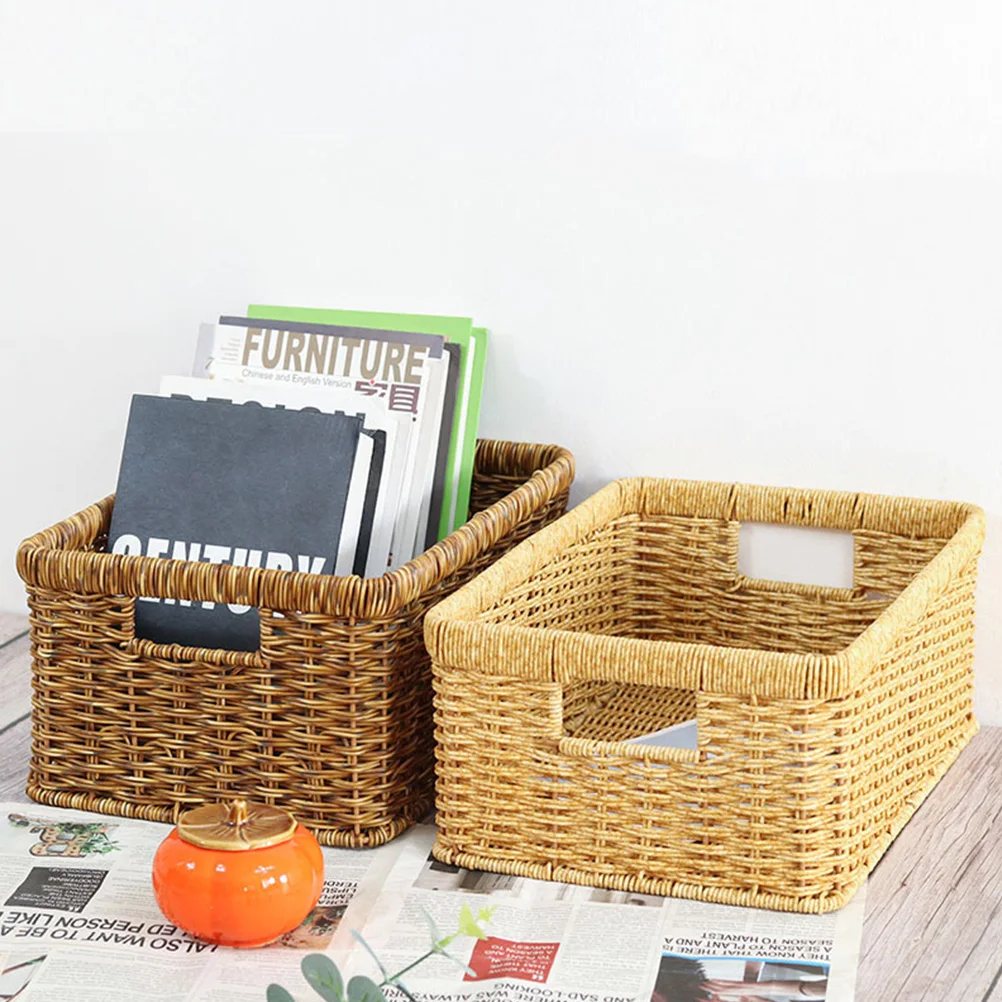 

Woven Storage Capacity PP Material Sundries Basket Rattan Handle Sundries Household Woven Storage Box Holder Home