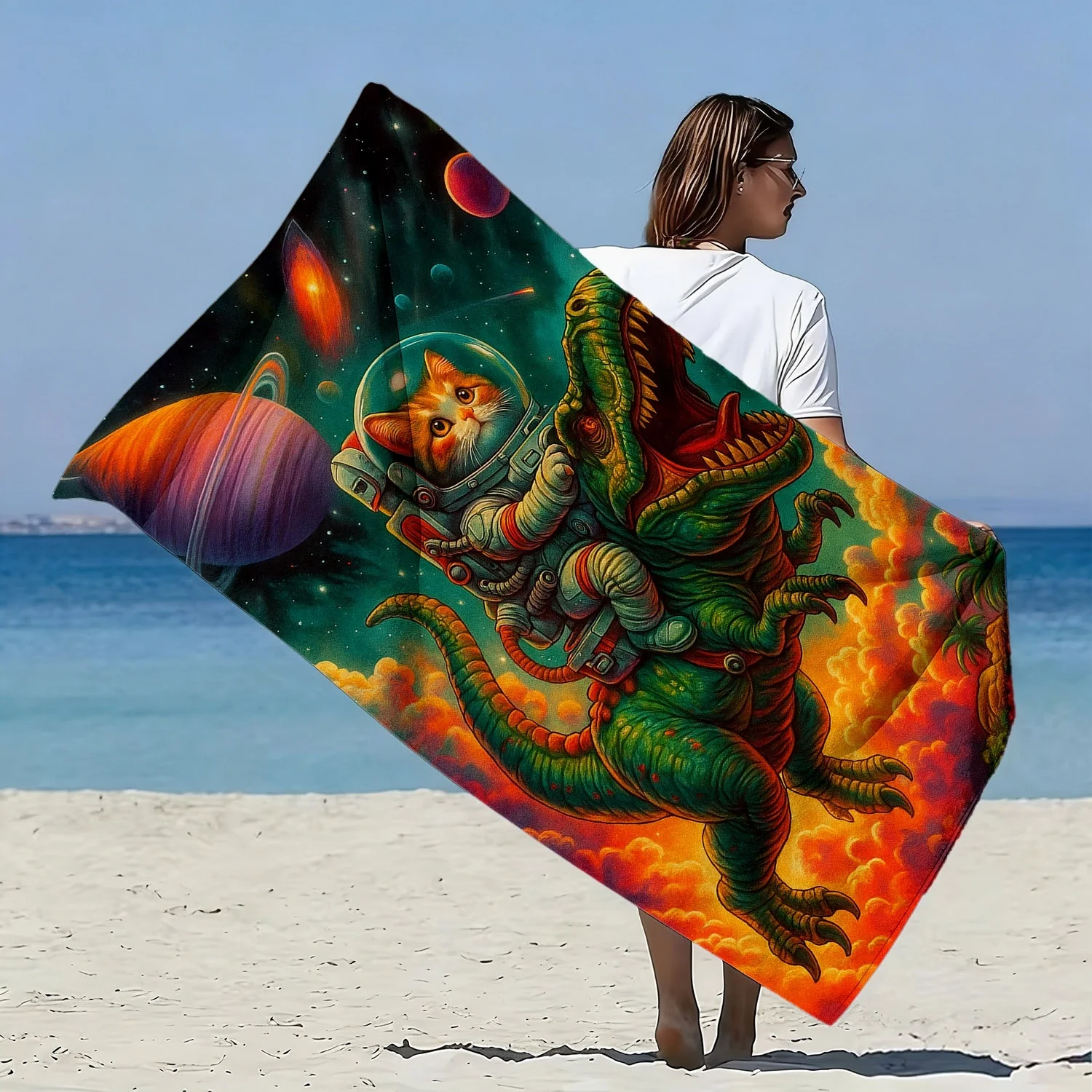 Space Cat Dinosaur Beach Towel Quick-Dry Microfiber Bath Towel Suitable for Pool Parties Vacations Cute Kitten Starry Night