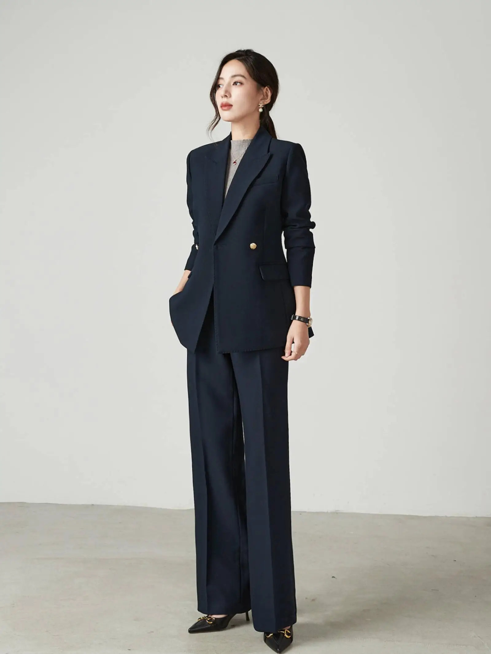 

Winter Busin Sle Slim Fit Women's Suit Set Metal Button k Blue Pants Formal Workwear Thiened Long Sve Polyester