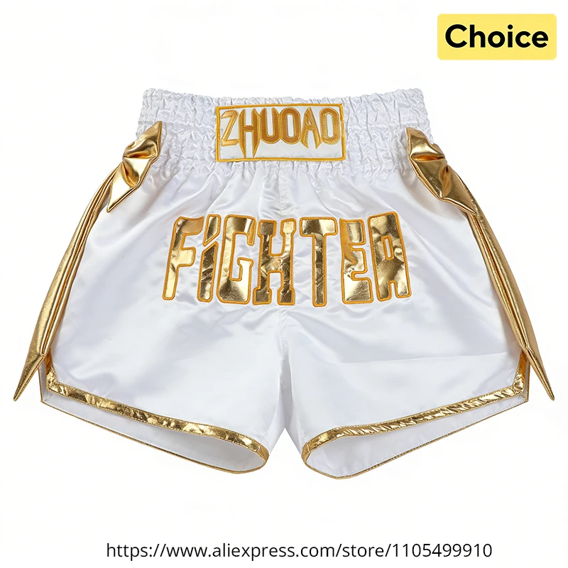 White Gold Satin Thai Boxing Shorts Women Men Kids Sparring Kickboxing Shorts Decorative Bow Muay Thai Fight Training Shorts