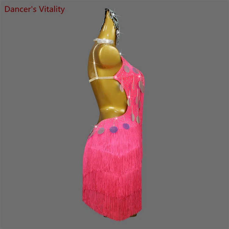 Women Latin Professional Costume Dress Customzied Adult Childrentassel Sequin Clothes Art Examination Fringe Clothing Skirt