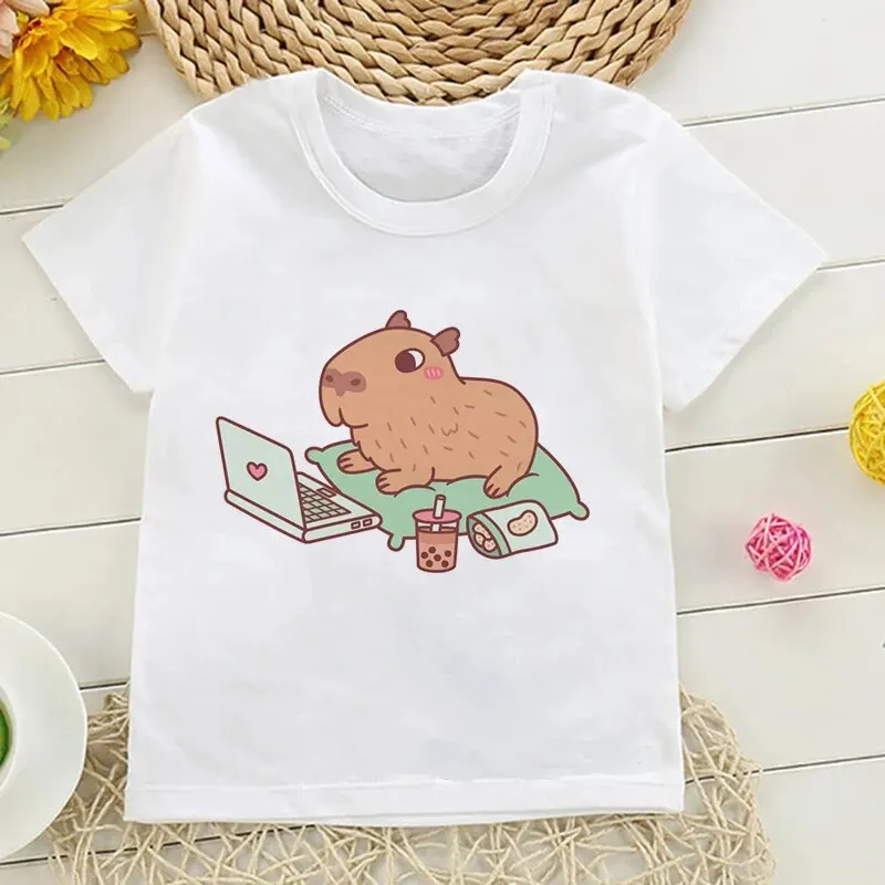 Children\'s Clothing Girls Elementary White Cartoon Capybara Birthday T-Shirt for Boys Short Sleeve Korean Fashion Kids Tee Tops