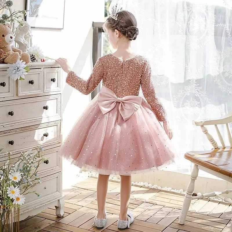 Vestido de lentejuelas rosa de lujo para niñas, vestidos de tul para niñas pequeñas, vestidos de flores para bodas, ropa Formal de cumpleaños para niños, 2024