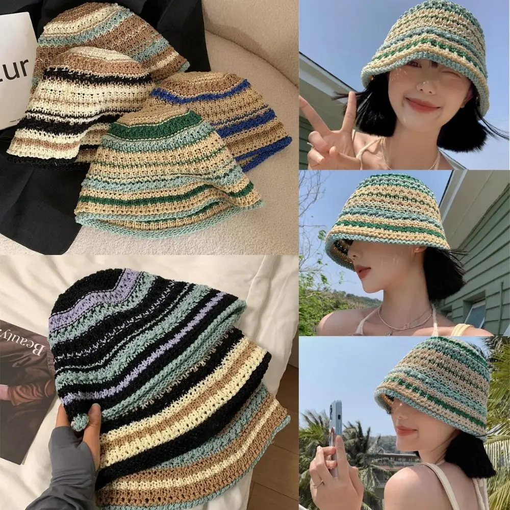 Sombrero de pescador a rayas de arcoíris a la moda, aleros grandes, protección UV, sombrero de cubo de ganchillo, gorra de cubo de paja transpirable Multicolor para verano