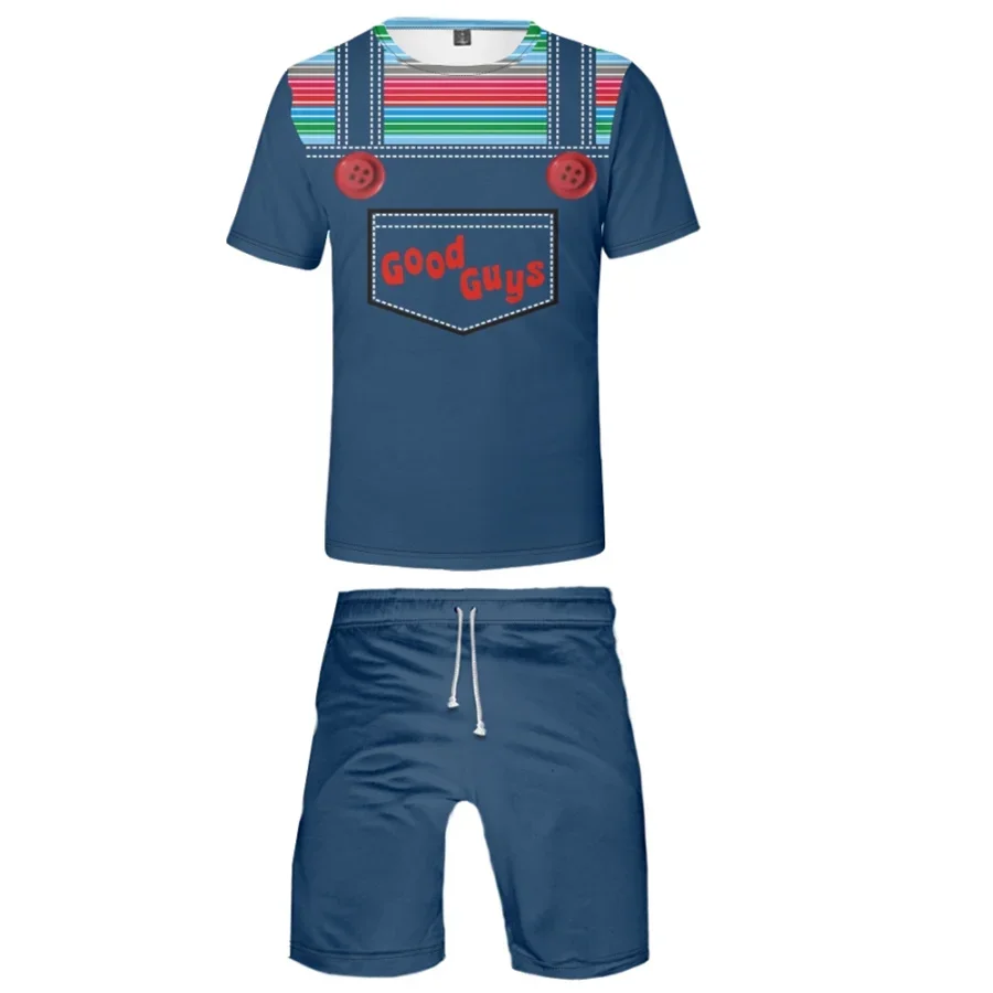 2025 3D printed fashion set, streetwear horror movie set, 2-piece set, summer short sleeved T-shirt shorts