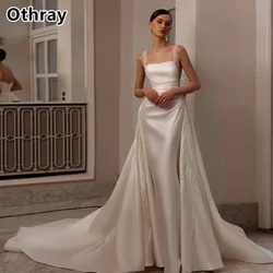 Othray Two Pieces Wedding Dresses Beaded Square Collar Pleat Satin Detachable Train Bridal Gowns Mermaid Formal Bridal Party