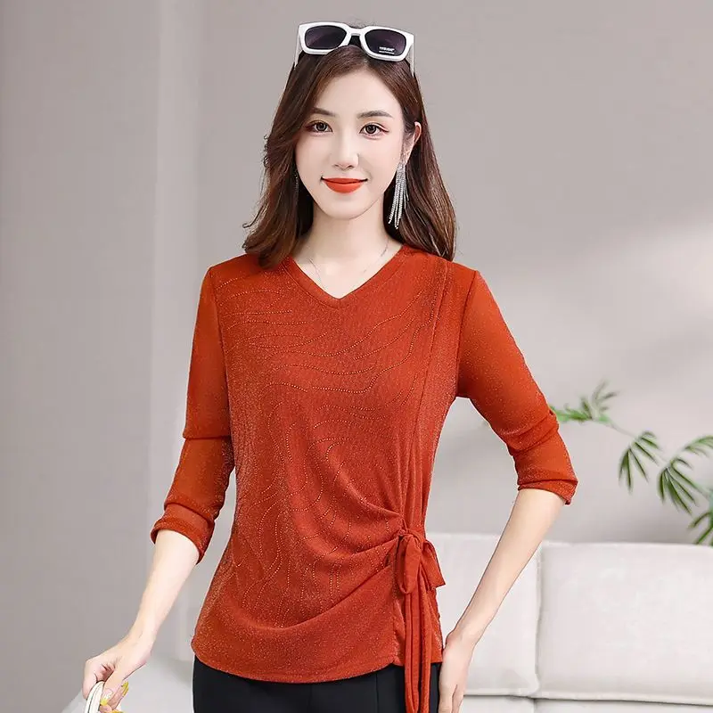 

Elegant V-Neck Folds Bandage Bow Bright Silk Blouses Women's Clothing 2025 Spring Autumn New Loose Chic Tops Office Lady Shirts