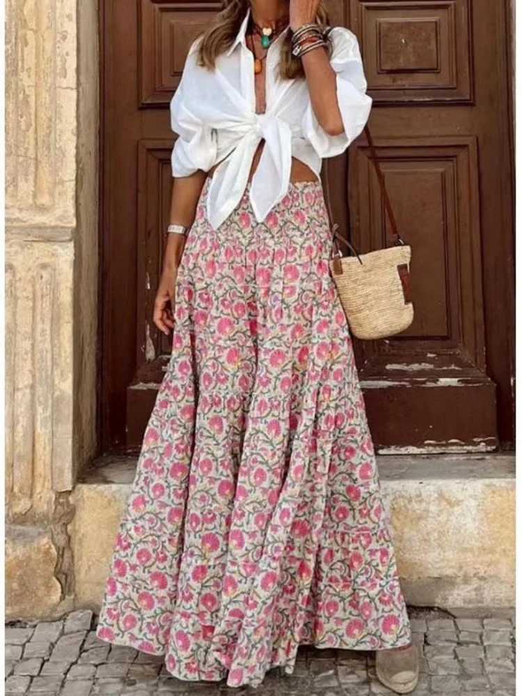 Summer Women'S Elegant, Fashionable, Casual Plus Size Bohemian Vacation Beach Style Printed Elastic Waist High Waist Half Length