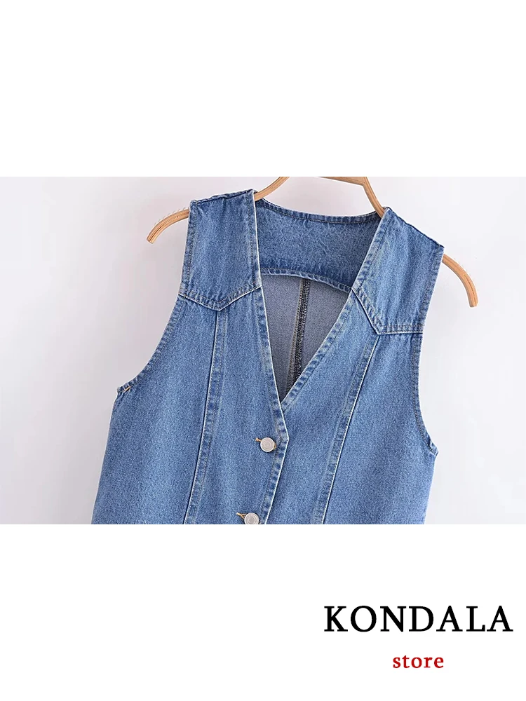 KONDALA Vintage Blue Denim Vest Jackets Women V Neck Single Buttons Sleeveless Jackets Fashion 2023 Summer Streetwear Vest Tops