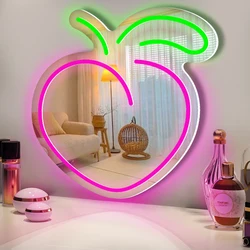 Peach Neon Sign for Bedroom, 15x16 inch Pink Light Peach Shaped LED Mirror Neon Light USB Operated Wall Art Decor for Baby Room