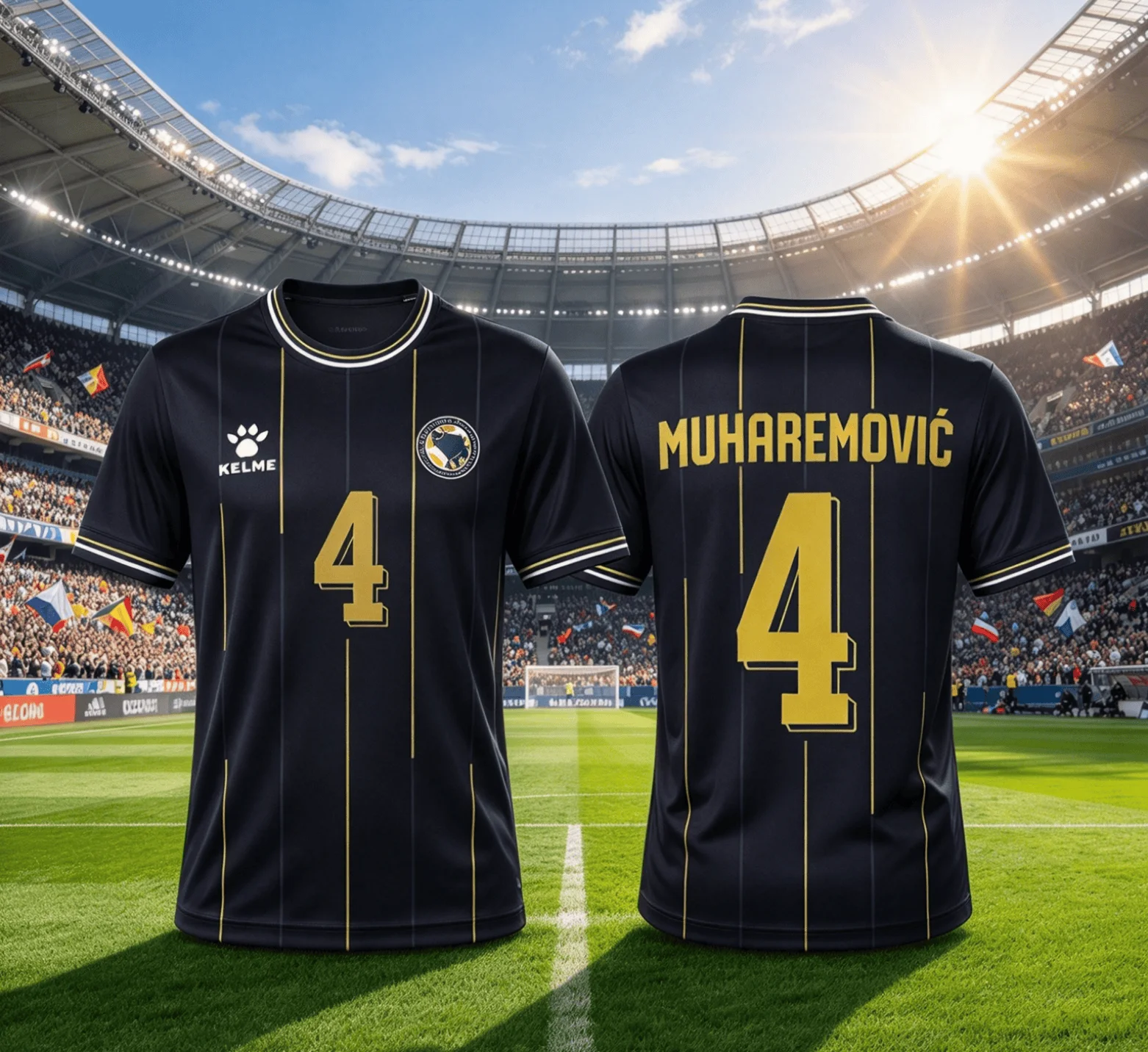 Bosnia and Herzegovina Blue Yellow Striped Football Shirt, No.4 Muharemović Jersey, Breathable Quick Dry Fan Cheer Tee