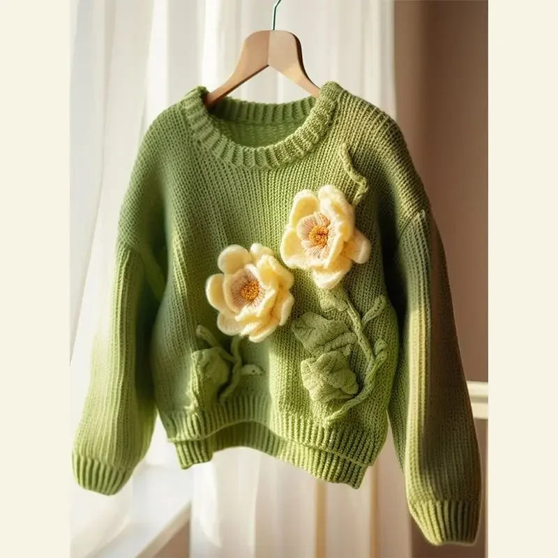 2025 nueva moda hermosa prendas de punto industria pesada suéter de flores verdes chaqueta mujer Otoño Invierno nuevo estilo Jersey Top