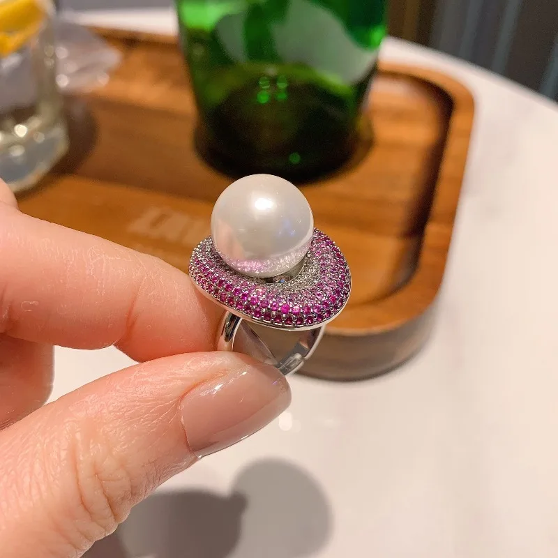 

Natural 11-12mm Pearl Micro Inlaid Contrasting Diamond Ring, Fashionable and Adjustable Ring