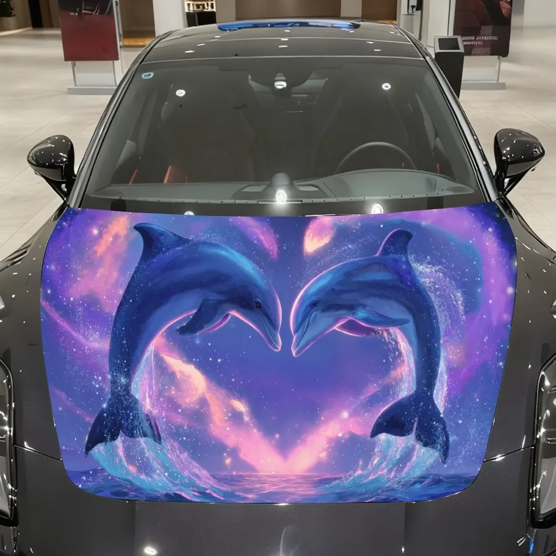 

Romantic Heart-Shaped Nebula and Dolphin Car Vinyl Wrap, PVC Material Waterproof Car Hood Sticker, Self-Adhesive Scratch-Resista