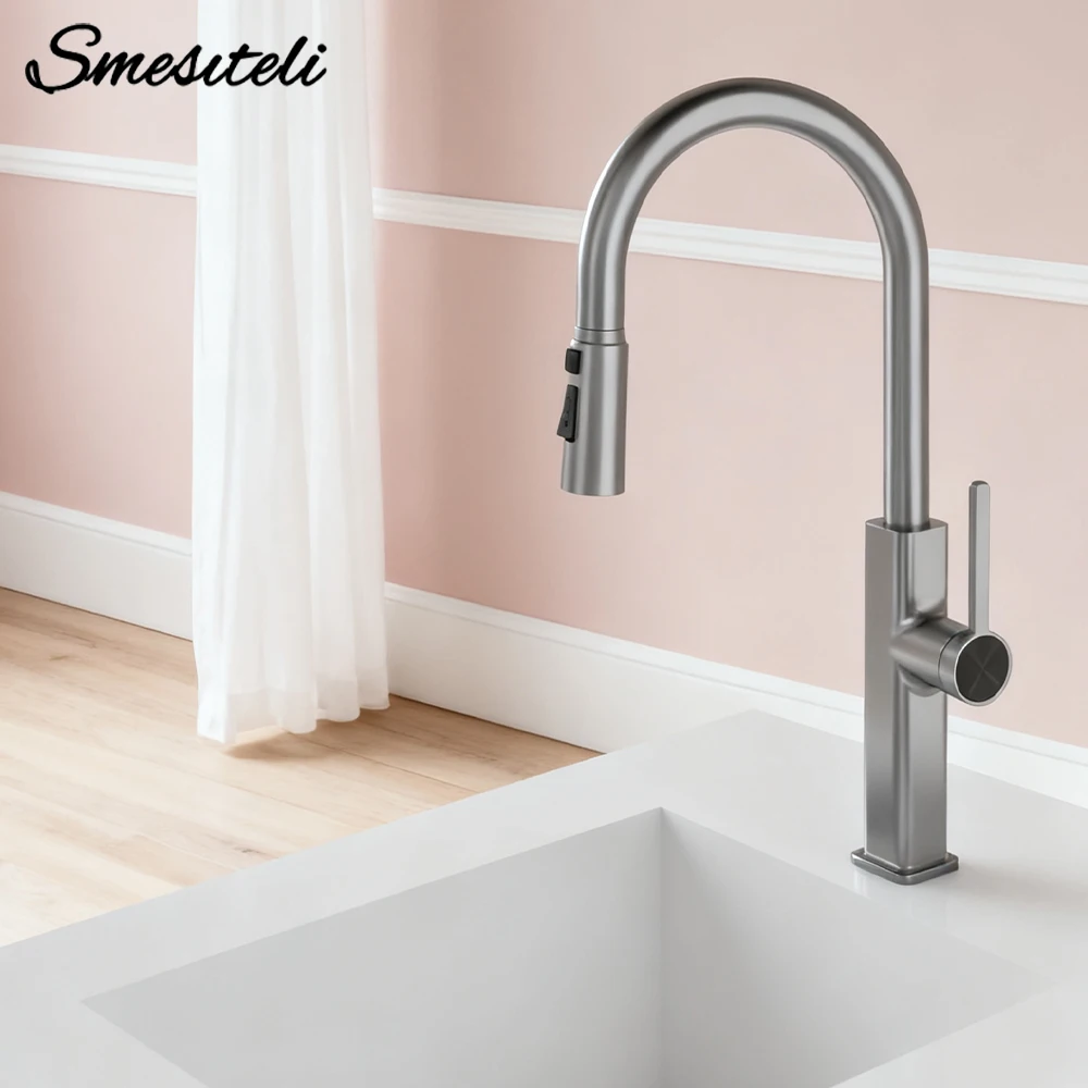 

Deck Mounted Kitchen Faucet Pull out Spout Single Level Stream Sprayer Nozzle Sink Mixer Tap Modern Kitchenette Faucet