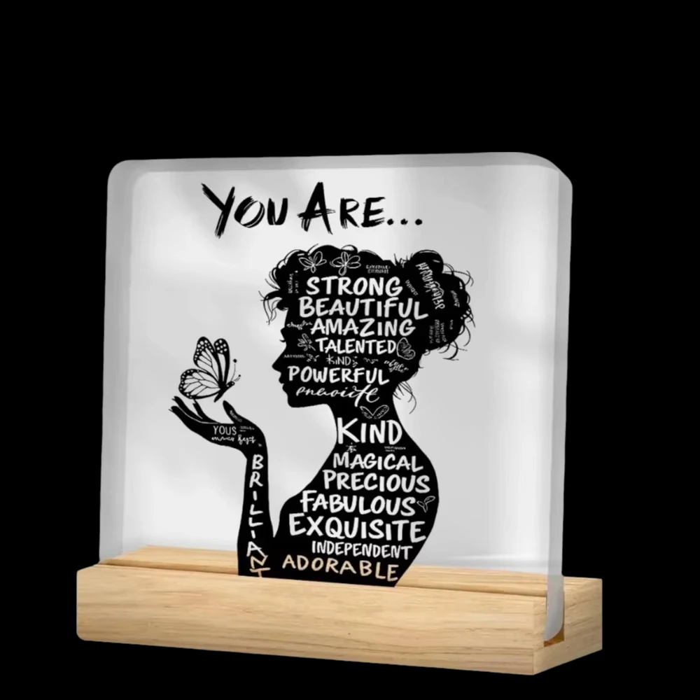 Plaque nominative inspirante en acrylique transparent pour décoration de bureau 2D, qui renforce l'importance de la décoration de bureau